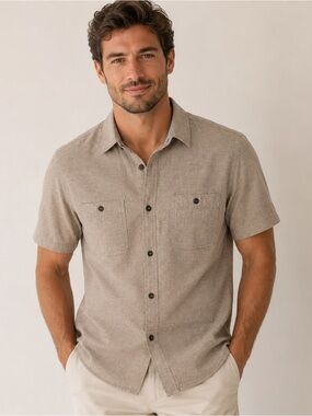 Point Zero Linen Blend Short Sleeve Button-Down Shirt Beige Tan Size Large